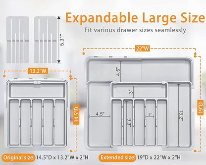 Silverware Drawer Organizer for Kitchen, Adjustable Utensil Drawer Organizer with 2 Knife Block, BPA Free Flatware and Cutlery Holder, Expandable Plastic Storage for Spoons Forks Knives(Grey) - Image 2