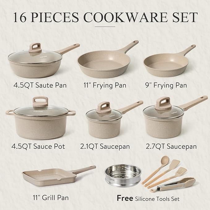 CAROTE Pots and Pans Set Non Stick, 16Pcs Kitchen Cookware Set, Stackable Induction Cookware, Pot and Pan set, Pans for Cooking, Taupe Granite，Pots and Pans Set Non Stick, - Image 2