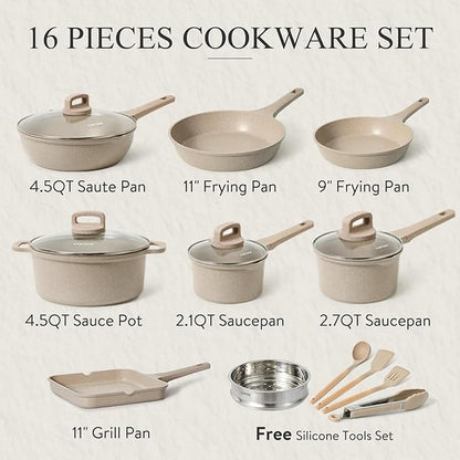 CAROTE Pots and Pans Set Non Stick, 16Pcs Kitchen Cookware Set, Stackable Induction Cookware, Pot and Pan set, Pans for Cooking, Taupe Granite，Pots and Pans Set Non Stick, - Image 2