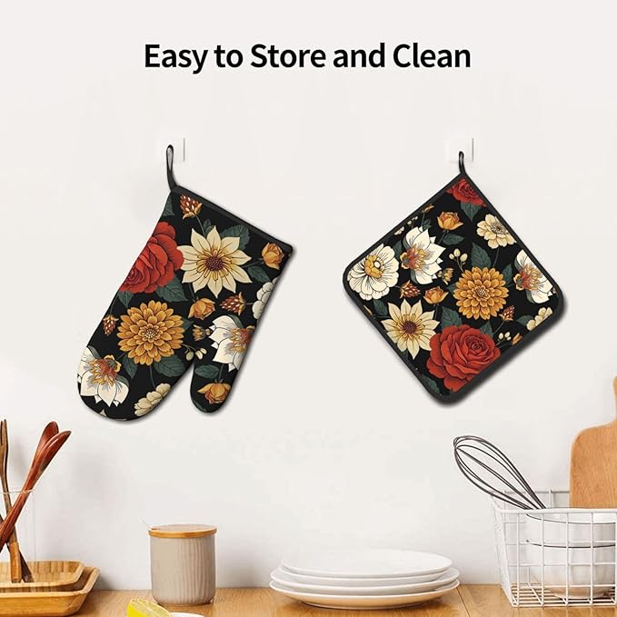 Boho Floral Oven Mitts and Pot Holders Sets of 2 Vintage Kitchen Mitts Bohemian Flower Hot Pads for Cooking Baking Grilling - Image 6