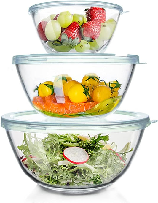 WhiteRhino Glass Mixing Bowls Glass Bowls with Lids Set(4.5QT,2.7QT, 1.1QT),Large Salad Bowls,glass mixing bowl Space-Saving Nesting Storage bowls for Cooking,Baking,Prepping,Dishwasher Safe by WhiteRhino