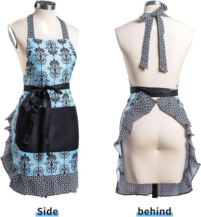 Lovely Flower Pattern Retro Aprons With Large Pockets for Women Girls Cooking Kitchen Bakery Mother's Gift