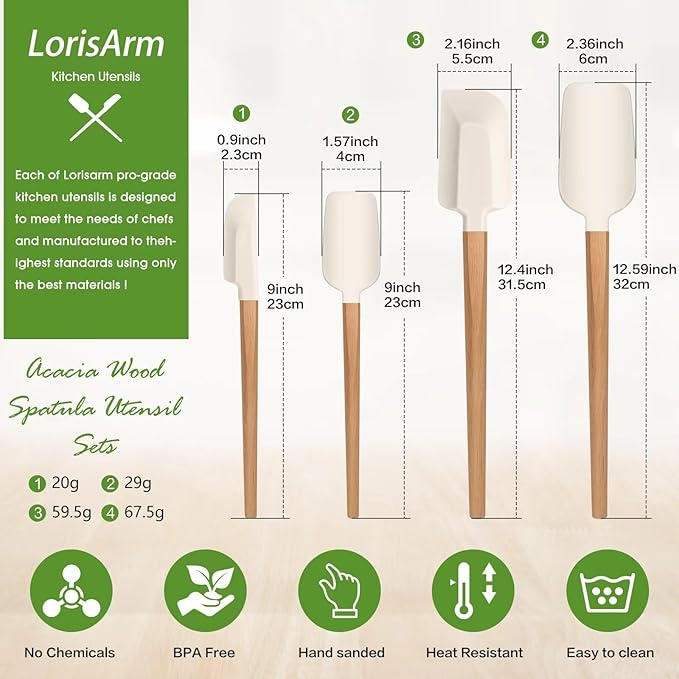 LorisArm Wooden Handle Spatula Set, 12" & 9" Rubber Spatula Silicone Spatulas for Baking Cooking and Mixing.