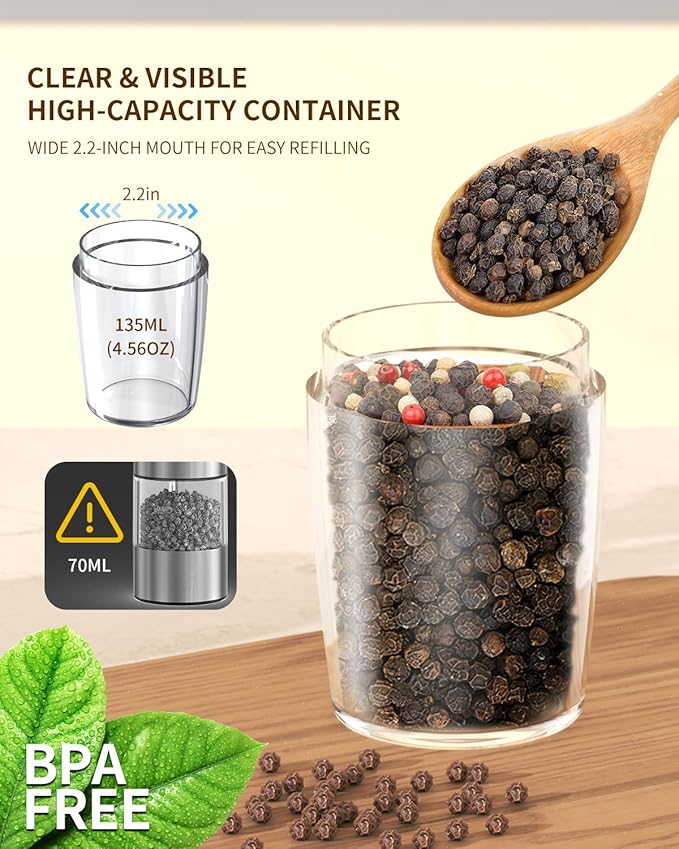 CIRCLE JOY Gravity Electric Salt and Pepper Grinder Set Rechargeable Automatic Pepper and Salt Shakers with LED Light, External Adjustable Coarseness, One-Hand Operation for Salt & Spices - Image 6