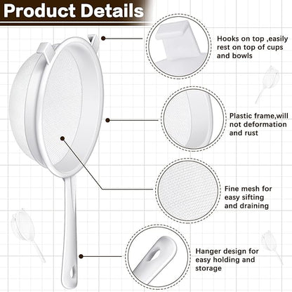 Skyley 3 Pcs Plastic Nylon Mesh Strainer Colander with Handle Double Ear Fine Food Mesh Strainer Flour Sifter for Baking Kitchen Colander Sifter Tea Juice Pasta (5 Inch, 7 Inch, 8.5 Inch)
