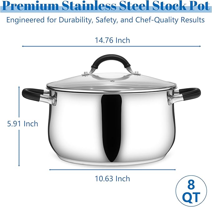 E-far Stainless Steel Stock Pot, 8 Quart Large Cooking Pot with Glass Lid for Boiling Pasta Soup Sauce, Tri-Ply Induction Thick Base for All Stoves, Cool-Touch Handles & Dishwasher Safe - Image 2