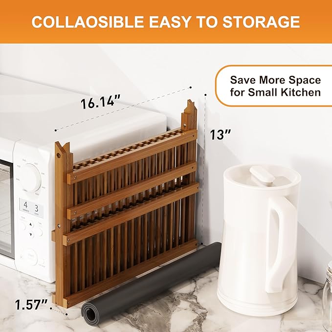Greenual Teak Dish Drying Rack with Utensil Holder, 2 Tier Collapsible Dish Rack, Wooden Dish Racks for Kitchen Counter, Folding Drying Holder with Absorbent Dish Drying Mat - Image 4