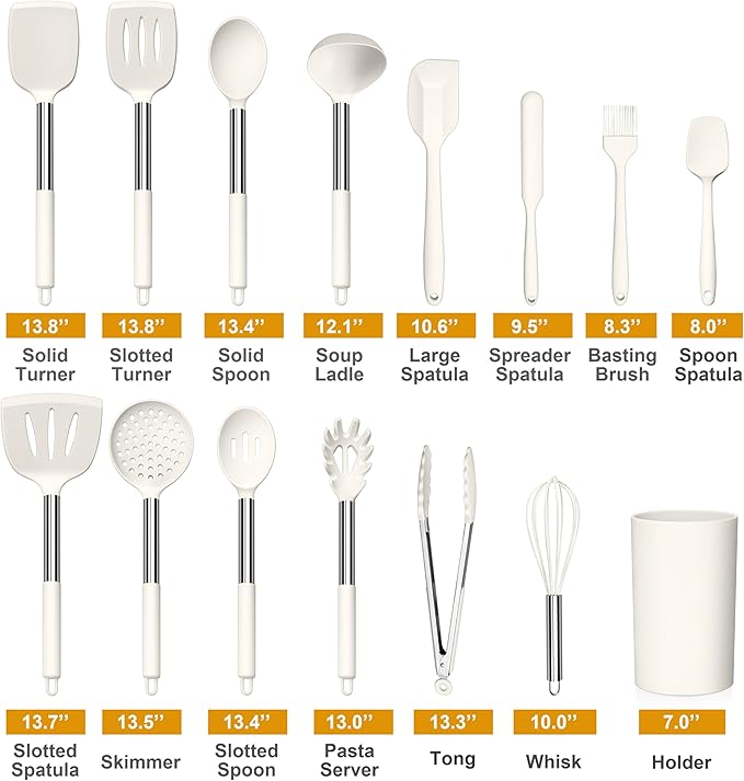 LIANYU 15 Pcs Cooking Kitchen Utensils Set with Holder, Silicone Kitchen Gadgets with Stainless Steel Handle, Heat Resistant Spatula Tools, Brush Spoon Tong Whisk Ladle Turner for Cookware, White - Image 2