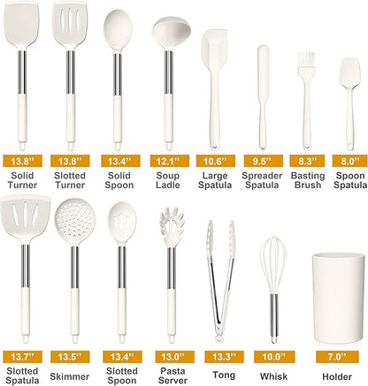 LIANYU 15 Pcs Cooking Kitchen Utensils Set with Holder, Silicone Kitchen Gadgets with Stainless Steel Handle, Heat Resistant Spatula Tools, Brush Spoon Tong Whisk Ladle Turner for Cookware, White - Image 2