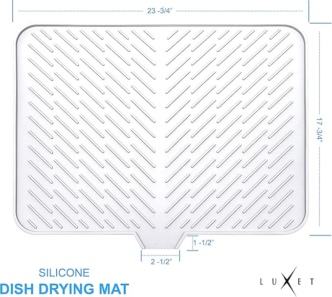 Luxet Silicone Dish Drying Mat with Built-in Drain Lip - Hygienic Drying Pad - Sturdy Compact Easy to Clean Tray Protects Surfaces Prevents Water Build Up - 23 X 17 (White) - Image 3