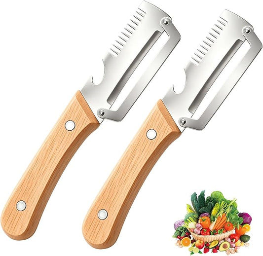 2 Pack Multifunctional Vegetable Peeler with Wooden Handle, 3-In-1 Veggie Peeler with Scallion Shredder and Bottle Opener, Stainless Steel Kitchen Peeler for Fruit Pumpkin Potato Carrot by Unknown