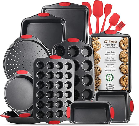 Baking Pan Set, 15 Piece Premium Baking Set, Nonstick Bakeware Sets BPA Free, Cookie Sheets for Baking Nonstick Set, Steel Baking Sheets for Oven with Muffin Pan, Cake Pan & Black Kitchen Utensils by Eatex