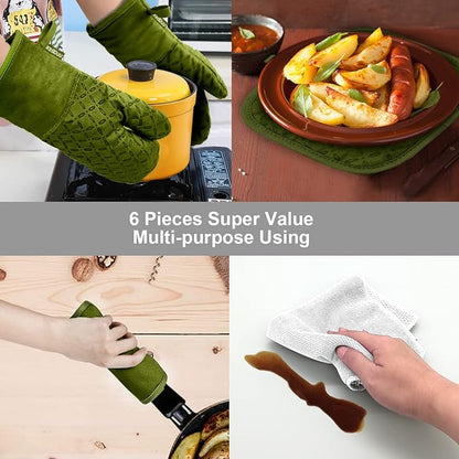 KEGOUU Oven Mitts and Pot Holders 6pcs Set, Kitchen Oven Glove High Heat Resistant 500 Degree Extra Long Oven Mitts and Potholder with Non-Slip Silicone Surface for Cooking (Olive Drab) - Image 7