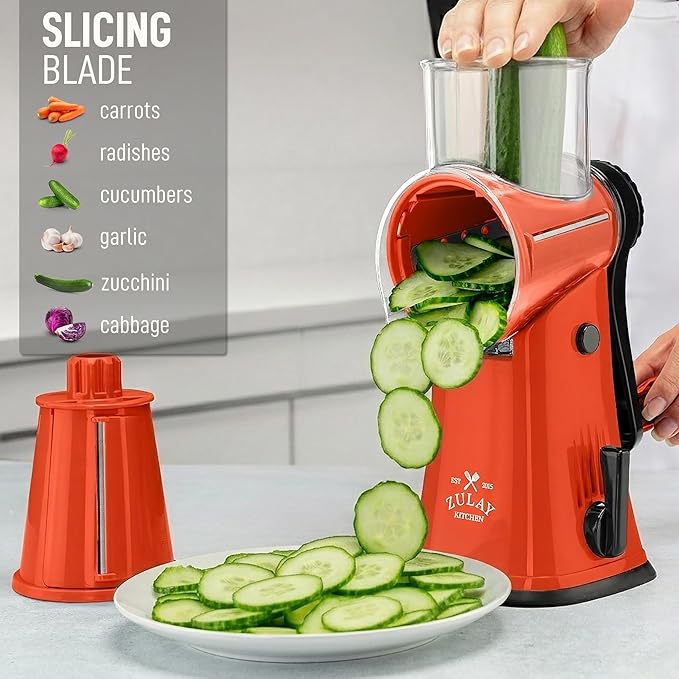 Zulay Kitchen Rotary Cheese Grater 5 Blade Cheese Shredder - Manual Hand Crank Cheese Grater With Reinforced Suction & 5 Interchangeable Drums - Easy to Use, Vegetable Chopper Round Mandoline Slicer - Image 5