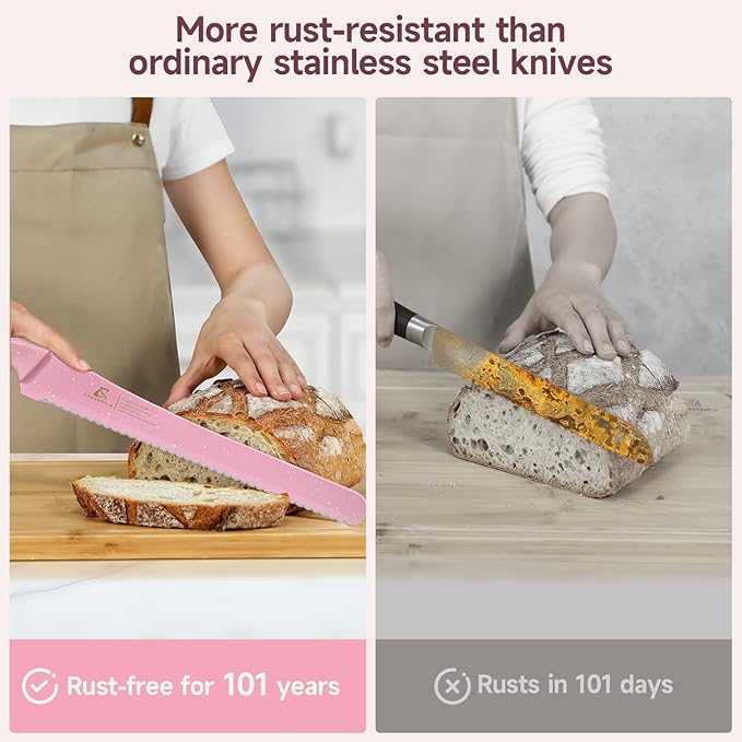 CoquusAid Upgrade Bread Knife for Homemade Bread, World‘s 1st Double Serrated Knife for Crusty Sourdough, 11.6 Inch Stainless Steel Bread Slicer, Professional Sourdough Cutter, Ideal for Gift, Pink - Image 5