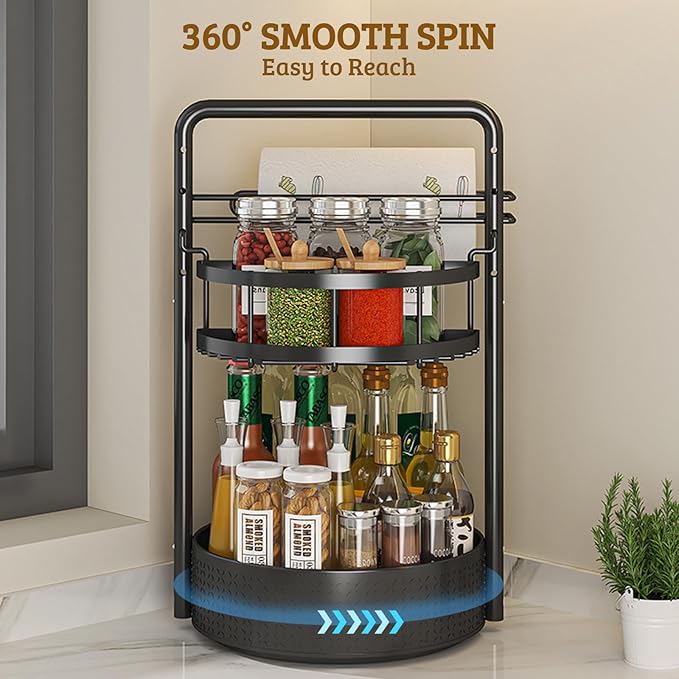 Rotating Spice Rack with Paper Towel Holder, 2 Tier Turntable Lazy Susan, Seasoning Organizer for Kitchen Countertop Cabinet, Black - Image 5