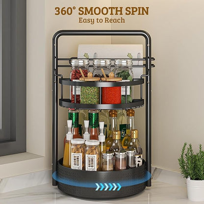 Rotating Spice Rack with Paper Towel Holder, 2 Tier Turntable Lazy Susan, Seasoning Organizer for Kitchen Countertop Cabinet, Black - Image 5