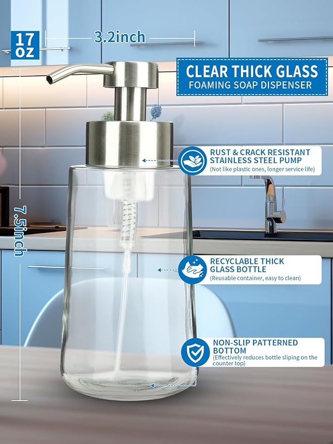 Foaming Hand Soap Dispenser Set, 16 oz Large Glass Soap Dispenser, Foam Dispenser with Stainless Steel Pump & Waterproof Labels, Refillable Soap Bottles for Bathroom Countertop, 2 in 1 - Image 2