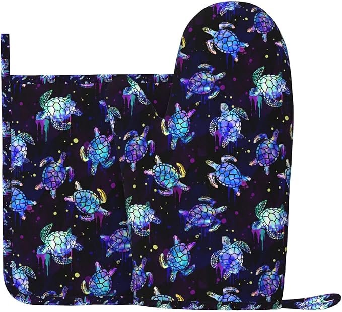 Sea Turtle Oven Mitts and Pot Holders Set - Heat Resistant, Non-Slip Silicone Kitchen Gloves for Cooking, Baking, Grilling, BBQ - Waterproof & Easy Clean Kitchen Accessories