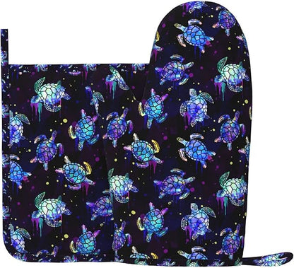 Sea Turtle Oven Mitts and Pot Holders Set - Heat Resistant, Non-Slip Silicone Kitchen Gloves for Cooking, Baking, Grilling, BBQ - Waterproof & Easy Clean Kitchen Accessories