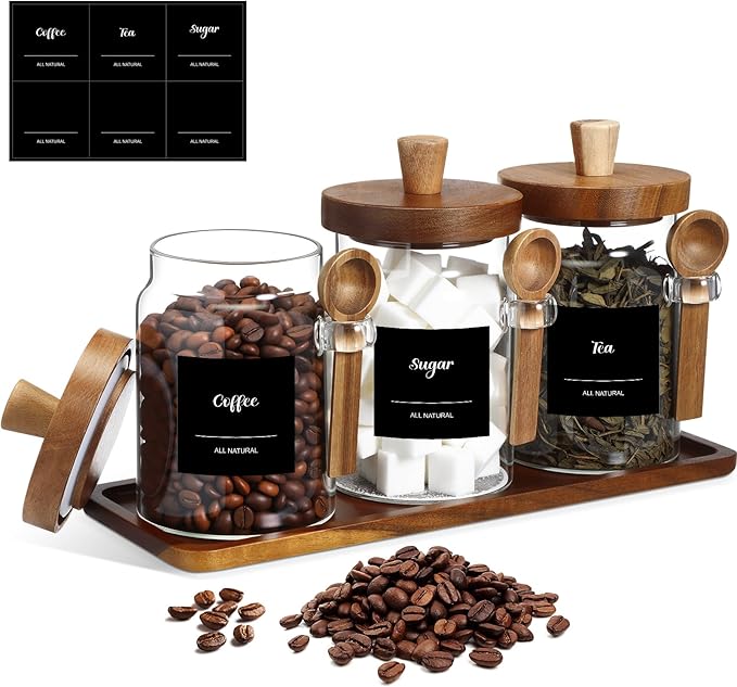 Suclain 3 Pcs Glass Coffee Container with Wooden Lid Spoon Shelf Labels Clear Airtight Jar Food Storage Canister Set for Sugar Spice Coffee Bean Holder Housewarming Gift(20 oz,Acacia Brown) by Suclain