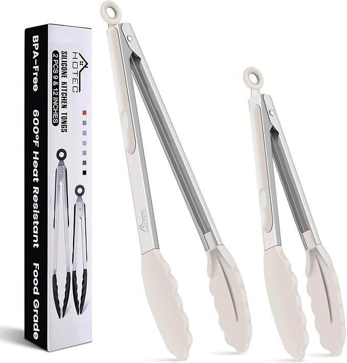 HOTEC Premium Stainless Steel Locking Kitchen Tongs with Silicon Tips, Set of 2-9" and 12",Khaki by Hotec