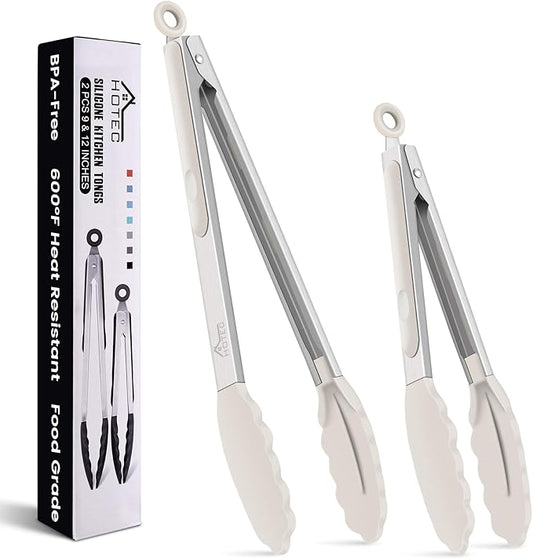 HOTEC Premium Stainless Steel Locking Kitchen Tongs with Silicon Tips, Set of 2-9" and 12",Khaki by Hotec