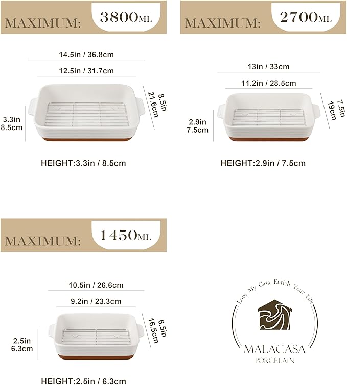 MALACASA Casserole Dishes for Oven with Roasting Racks, Ceramic Baking Dishes Set of 3, Baking Pan Casserole Dish Set, Rectangular Lasagna Pan Deep with Handles for Baking, Khaki White (14.5''/13''/10.5''), Series TARA - Image 2