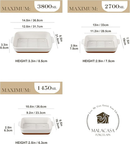 MALACASA Casserole Dishes for Oven with Roasting Racks, Ceramic Baking Dishes Set of 3, Baking Pan Casserole Dish Set, Rectangular Lasagna Pan Deep with Handles for Baking, Khaki White (14.5''/13''/10.5''), Series TARA - Image 2
