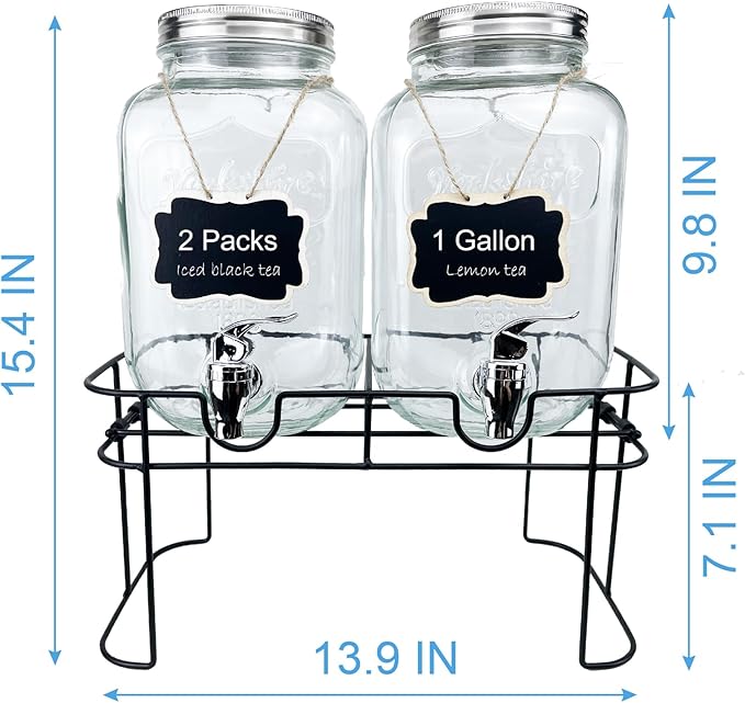 1 Gallon Glass Drink Dispenser for Parties, 2 Packs Juice Lemonade Ice Tea Water Dispenser with Stand, HENABLE Beverage Dispensers with Spigot for BBQ, Picnic, Party - Image 2