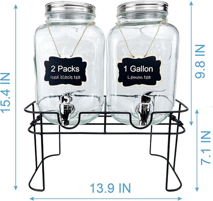 1 Gallon Glass Drink Dispenser for Parties, 2 Packs Juice Lemonade Ice Tea Water Dispenser with Stand, HENABLE Beverage Dispensers with Spigot for BBQ, Picnic, Party - Image 2