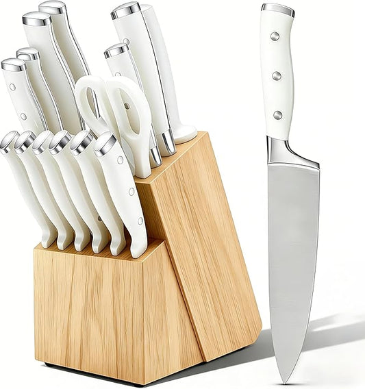 Knife Set, 15 Piece Premium Chef High Carbon Stainless Steel Kitchen Knife Block Set, Razor-sharp, Ergonomic Forged Triple Rivet Handle, Professional Knife Set for Kitchen, Dishwasher Safe(White) by UmiteChef