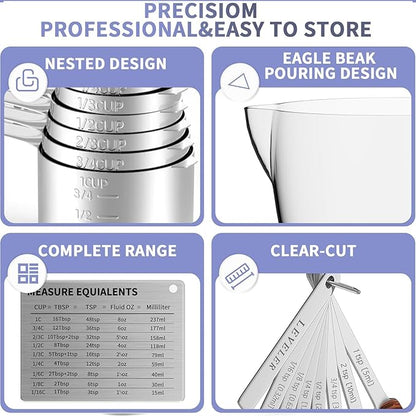 Stainless Steel Measuring Cups and Spoons Set, 6 Stainless Steel Measuring Cups, 7 Measuring Spoons & 1 Leveler, 3 Plastic Measuring Cup with 1 Measuring Conversion Chart - Image 6