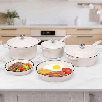 QuliMetal Nonstick Enameled Cast Iron Cookware Set, 5-Piece Pots and Pans Set with Lids, Skillet, Frying Pan, Saucepan & Dutch Oven for All Stovetops, PFOA Free, Ideal for Sourdough Bread Baking