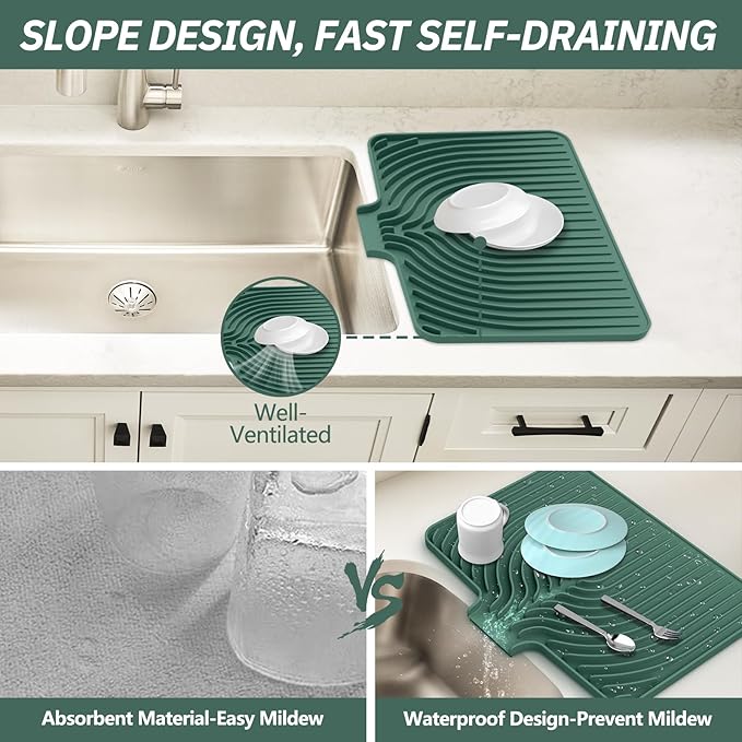 Dish Drying Mat for Kitchen Counter, with Built-in Drain Lip, Food-Grade Silicone, Easy Clean Pad for Countertop Protection, Multi-Functional Use (18x11.8, Dark Green) - Image 4