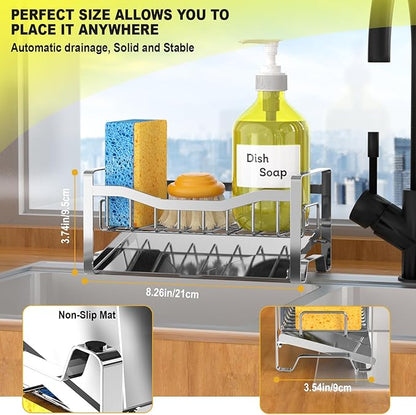 Maifan Stainless Steel Kitchen Sink Caddy Organizer with Auto Drain Tray, Sponge Holder for Countertop Storage Silver - Image 5