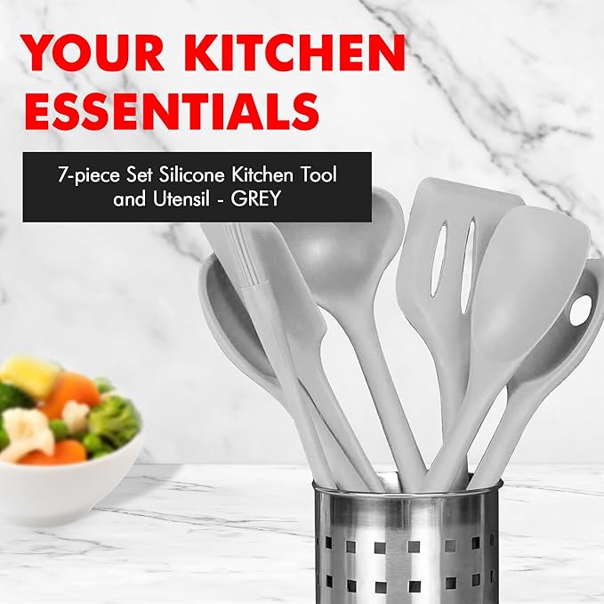 Chef Craft - Premium Silicone Kitchen Tools and Utensils Set, Non-Scratch, Withstands Temperatures up to 450°F, BPA-Free, 7 Piece Cooking Utensils Set, Gray - Image 2