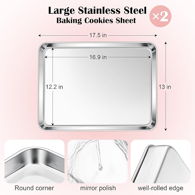 E-far Cookie Sheets for Baking, 18”x13” Stainless Steel Baking Sheet Pans for Oven, Large Non Toxic Metal Baking Tray for Baking Roasting, Healthy & Rust Free, Mirror Finish & Dishwasher Safe, 2 Pack - Image 2