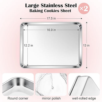 E-far Cookie Sheets for Baking, 18”x13” Stainless Steel Baking Sheet Pans for Oven, Large Non Toxic Metal Baking Tray for Baking Roasting, Healthy & Rust Free, Mirror Finish & Dishwasher Safe, 2 Pack - Image 2