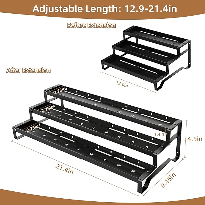 SANKEU Expandable Spice Rack Organizer for Cabinet 3 Tiered Metal Seasoning Organization with Guardrails Spice Shelf Storage for Jars Adjustable Length 13"-21" Black 2Pack - Image 5