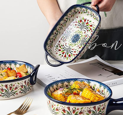 Vintage Style Tulip Flower Pattern Ceramic Bakeware Casserole Dish Baking Pan Lasagna Pans Baking Dish with Handles for Oven/Cooking/Kitchen-1 PCS-22 OZ - Image 3