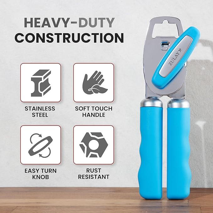Zulay Kitchen Heavy Duty Stainless Steel Can Opener Manual with Bottle Opener - Rust Proof Manual Can Opener With Turn Knob & Comfy Soft Grip Handles - Aqua - Image 3