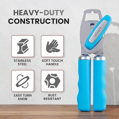 Zulay Kitchen Heavy Duty Stainless Steel Can Opener Manual with Bottle Opener - Rust Proof Manual Can Opener With Turn Knob & Comfy Soft Grip Handles - Aqua - Image 3
