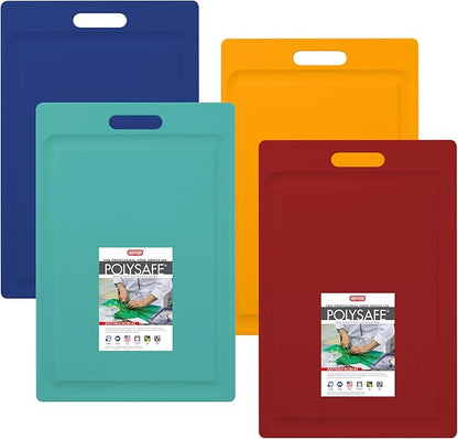 Dexas 4-Pack NSF Certified Polysafe Cutting Boards with Handle and Juice Well, 12 x 18 inches, Reversible Kitchen Cutting Board, Assorted Colors