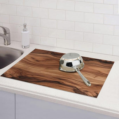 Wood Grain Dish Drying Mat Brown Vintage Natural Walnut Wooden Board Drying Rack Pad Countertop Dishes Ultra Absorbent Microfiber Kitchen Counter Mats 18x24 Inch