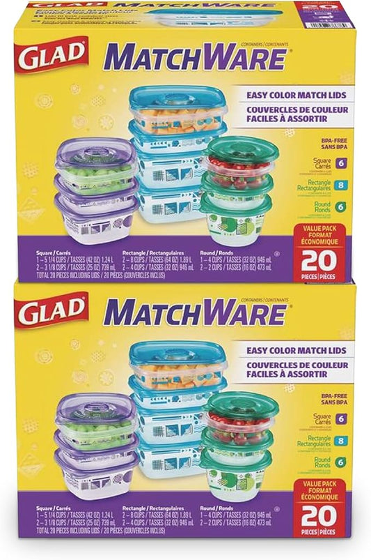 Glad GladWare MatchWare Food Storage Containers with Lids, No BPA Reusable Plastic 20 Piece Variety Pack for Lunches, Meal Prep, and Leftovers, Leak Resistant, Microwave and Dishwasher Safe - 2 Pack by GladTrashFoodStorage