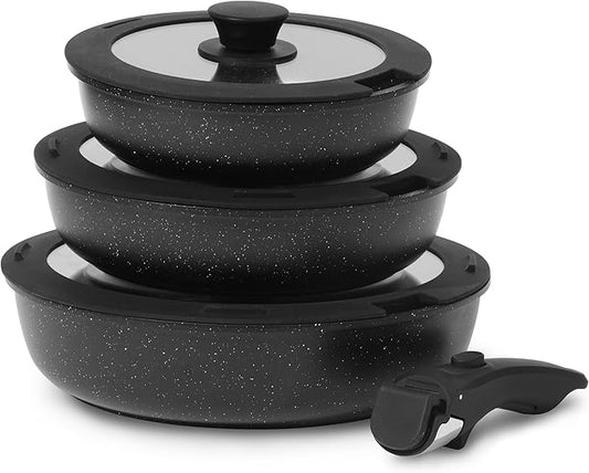 ESLITE LIFE Nonstick Ceramic Frying Pans Skillets Set with Lids & Detachable Handle, Non-Toxic Egg Omelette Kitchen Cooking Pans Compatible with All Stovetops, PTFE & PFOA Free, Black, 7-Piece by ESLITELIFE