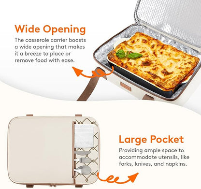 Lifewit Insulated Double Decker Casserole Carrier, Expandable Lasagna Lugger Tote Bag for Hot or Cold Food, Fits 9" x 13" Baking Dish for Potluck Parties, Picnic and Cookouts, Cream-Geometric