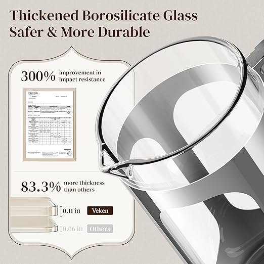 Veken French Press Coffee Maker 34oz 1 L, No Plastic Touching Cafe, Heat Resistant Thickened Borosilicate Glass, Stainless Steel Brewer, Cold Brew Cafetera Teapot for Kitchen Travel Camping, Silver - Image 3