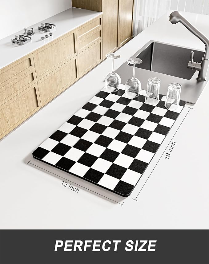 Rnivvi Dish Drying Mat for Kitchen Counter, 12 x 19" Cute Checkered Absorbent Draining Pad, Non-Slip Heat Resistant Coffee Bar Mats for Coffee Machine Station Accessories, Black White Dish Rack Pad - Image 2